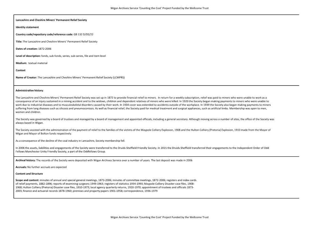 Wigan Archives Service 'Counting the Cost' Project Funded by the Wellcome Trust Lancashire and Cheshire Miners' Permanent Reli