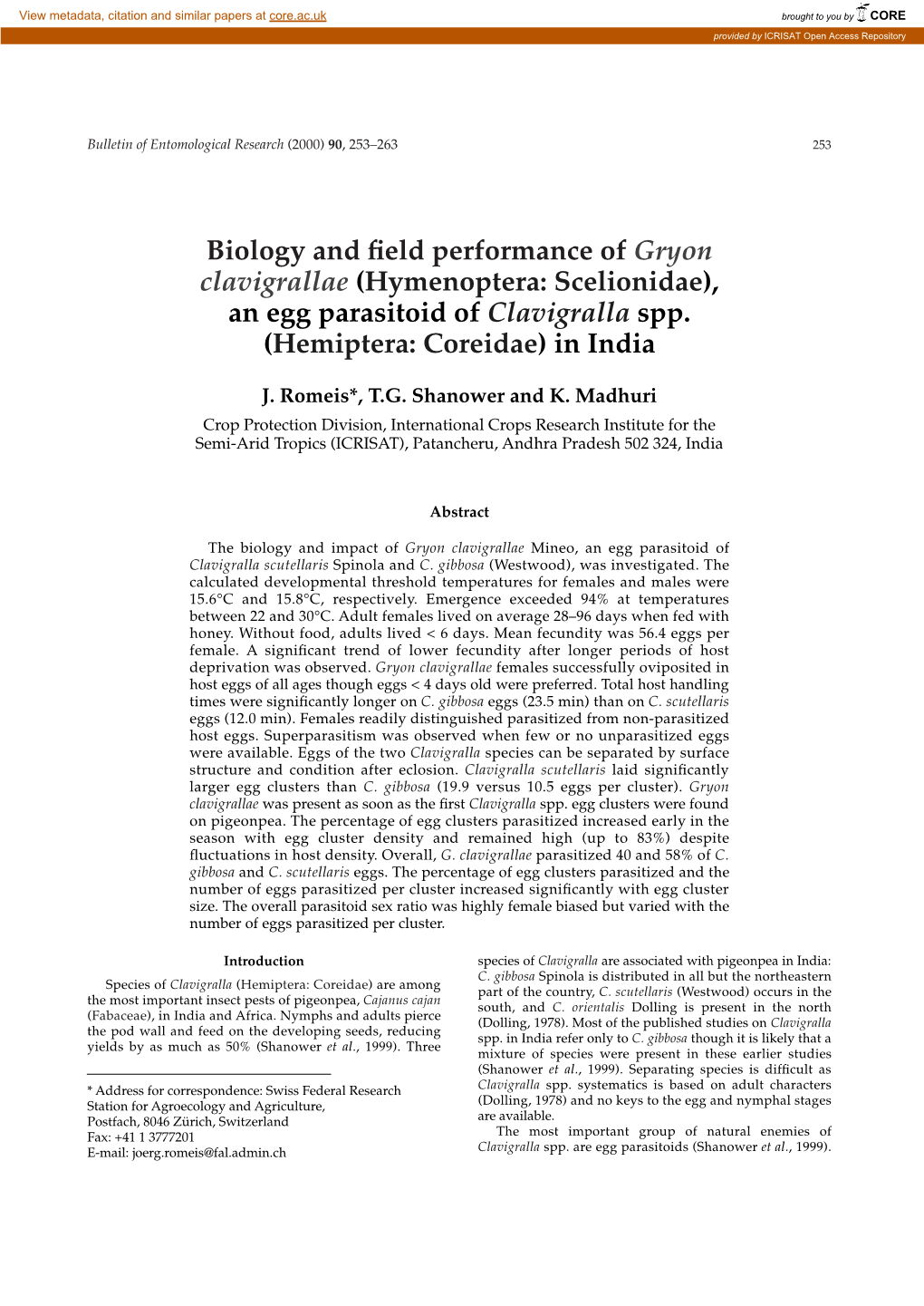 An Egg Parasitoid of Clavigralla Spp. (Hemiptera: Coreidae) in India