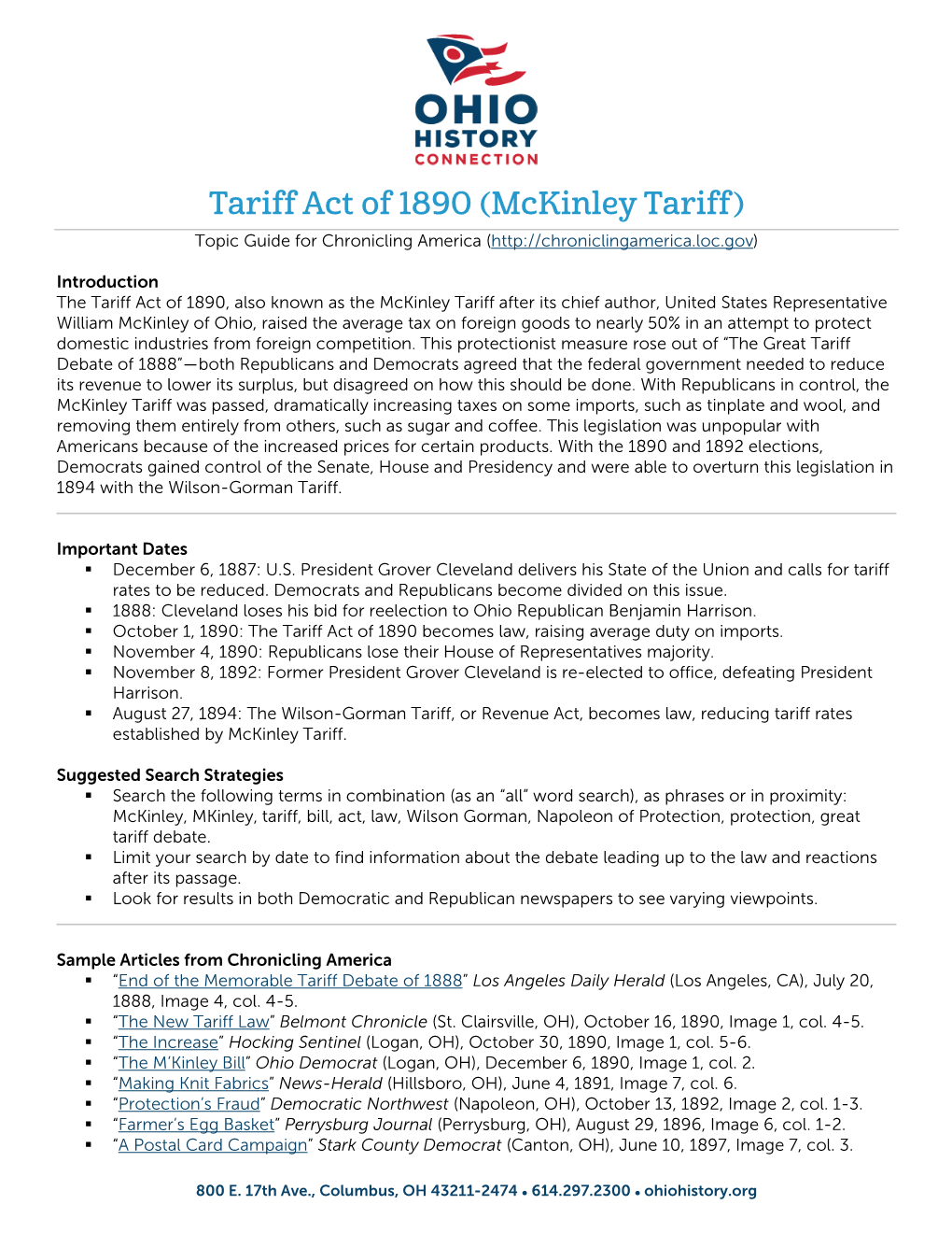 Tariff Act of 1890 (Mckinley Tariff) Topic Guide for Chronicling America (