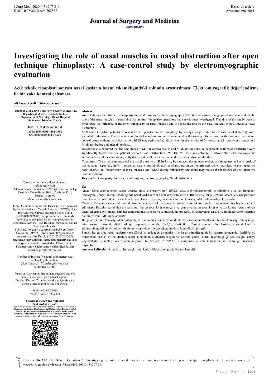 Investigating the Role of Nasal Muscles in Nasal Obstruction After Open Technique Rhinoplasty: a Case-Control Study by Electromyographic Evaluation