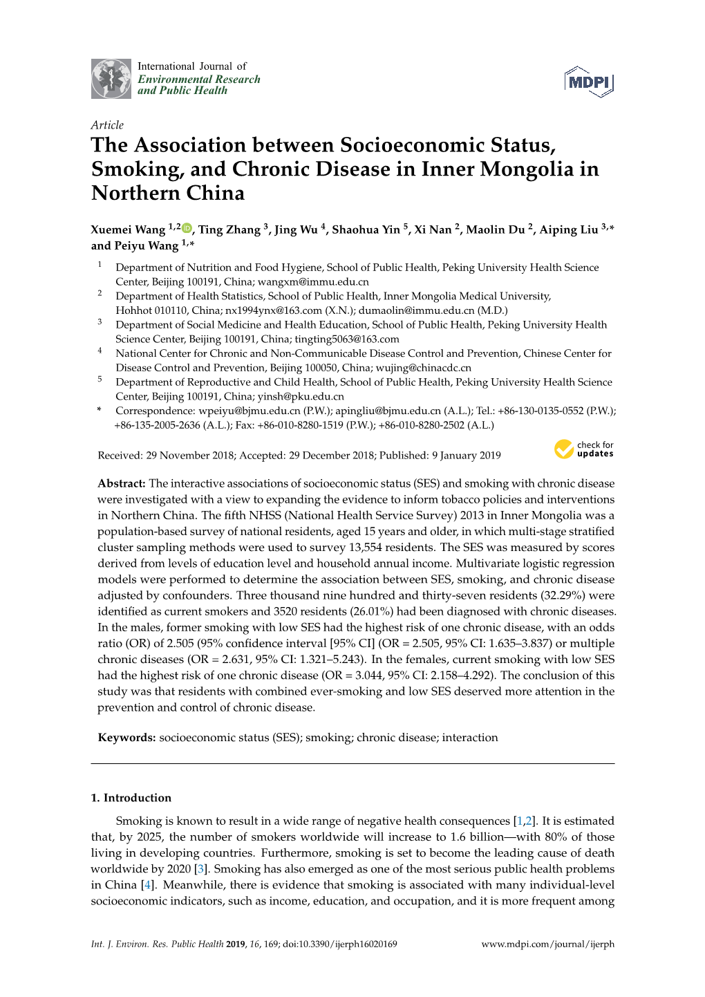 The Association Between Socioeconomic Status, Smoking, and Chronic Disease in Inner Mongolia in Northern China