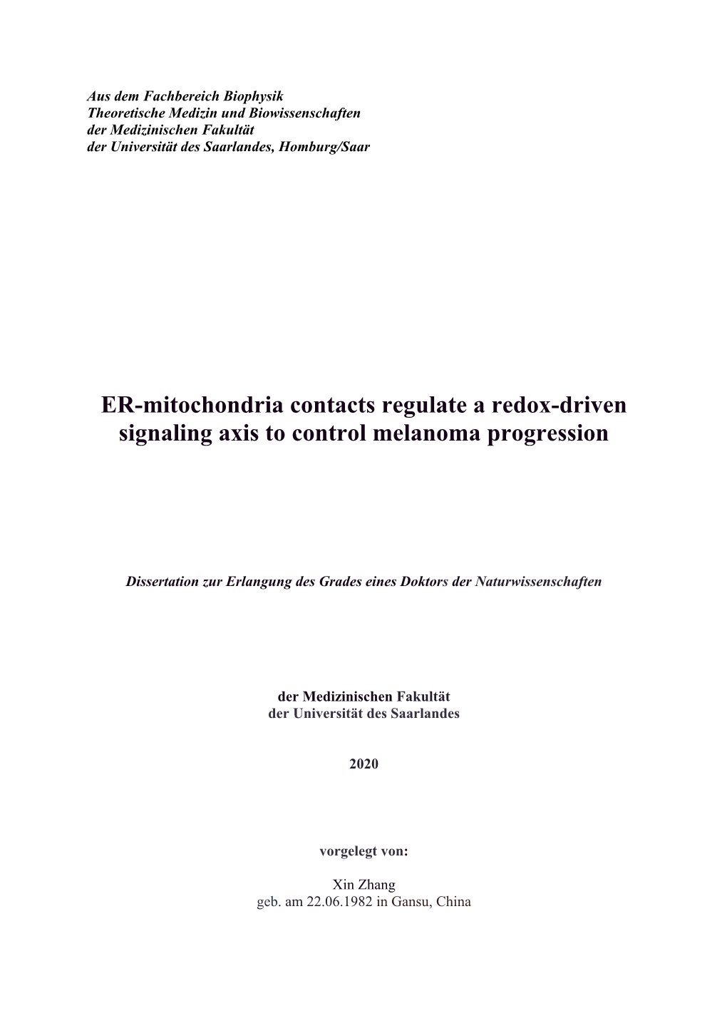 ER-Mitochondria Contacts Regulate a Redox-Driven Signaling Axis to Control Melanoma Progression