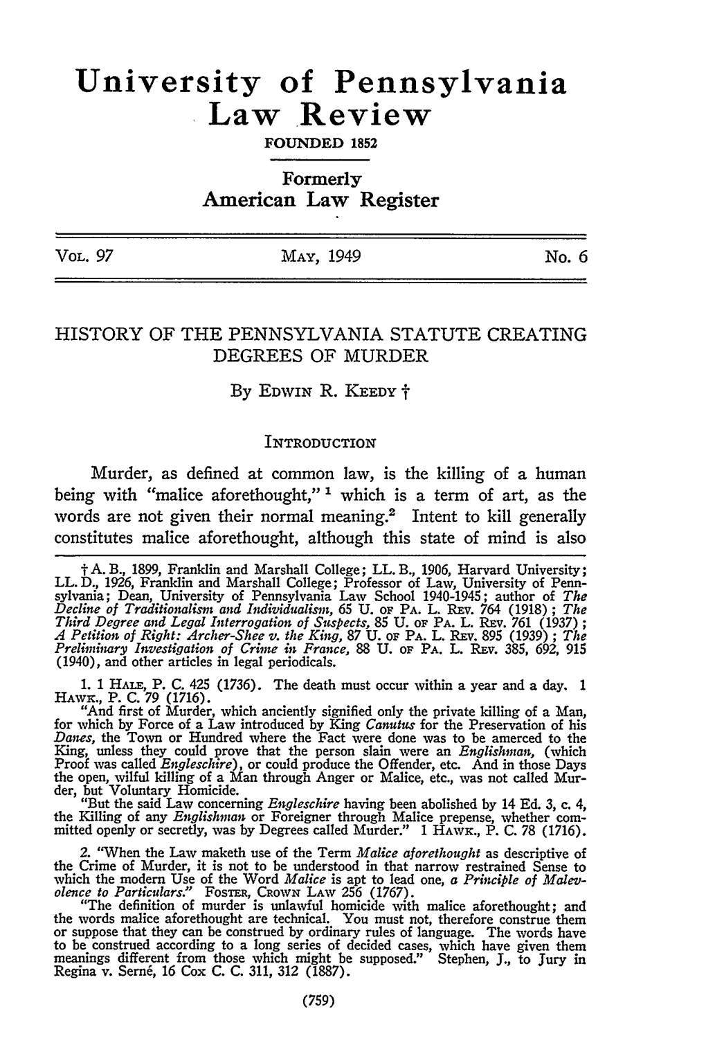 History of the Pennsylvania Statute Creating Degrees of Murder