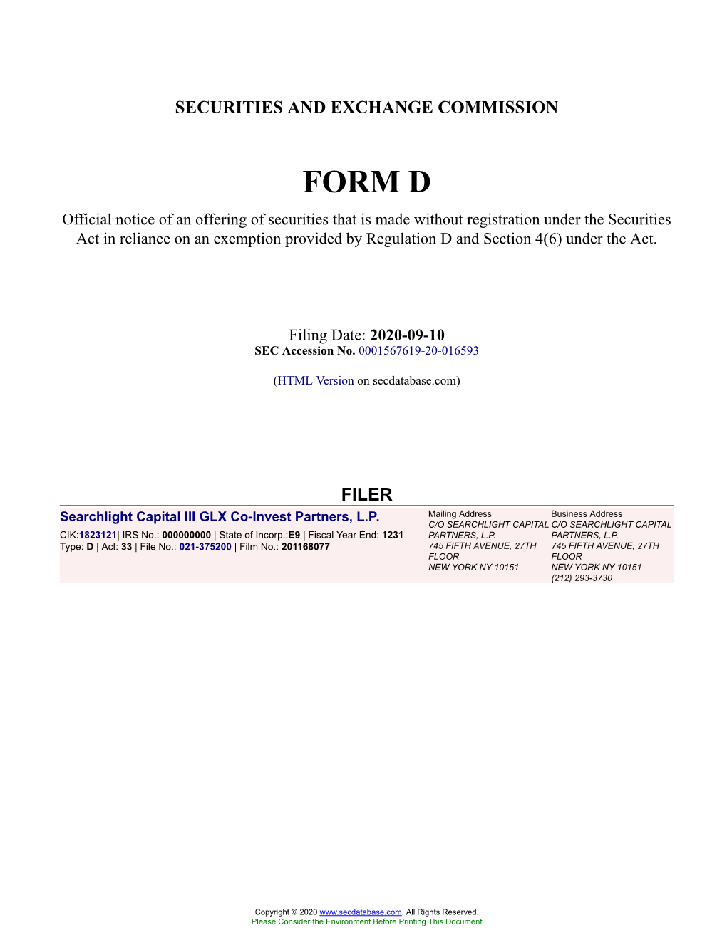 Searchlight Capital III GLX Co-Invest Partners, L.P. Form D Filed 2020-09