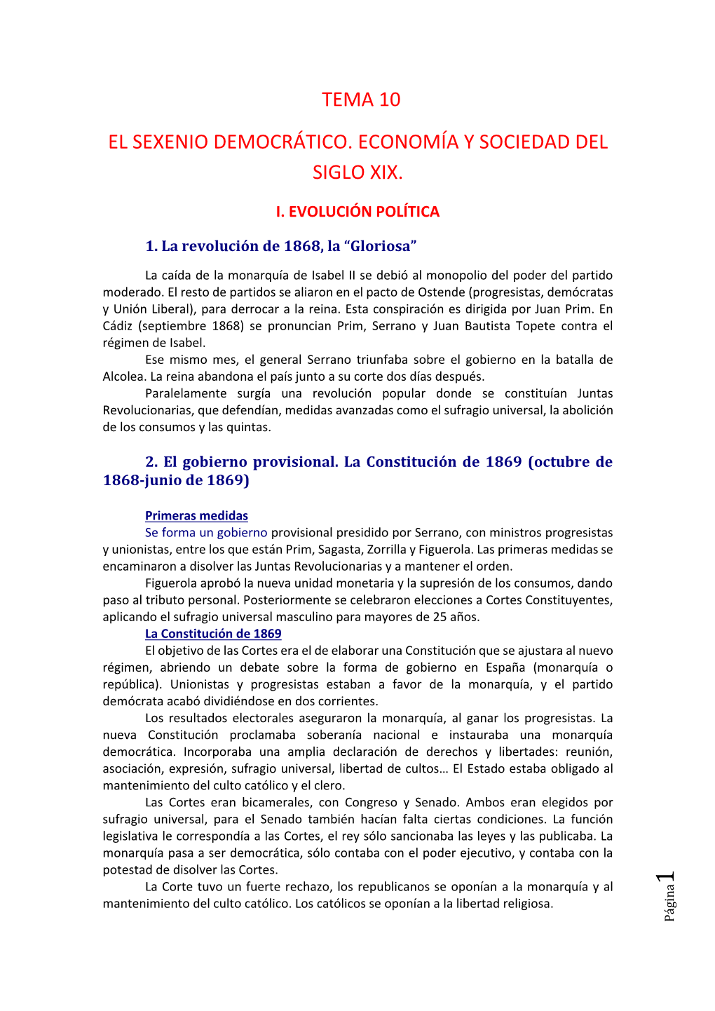 Tema 10 El Sexenio Democrático. Economía Y Sociedad Del Siglo Xix