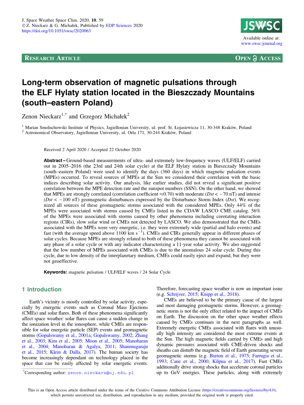 Long-Term Observation of Magnetic Pulsations Through the ELF Hylaty Station Located in the Bieszczady Mountains (South–Eastern Poland)