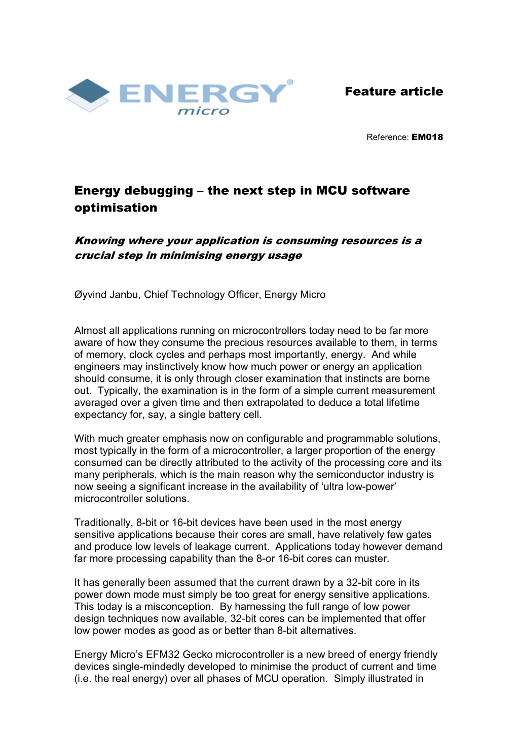 Feature Article Energy Debugging – the Next Step in MCU Software