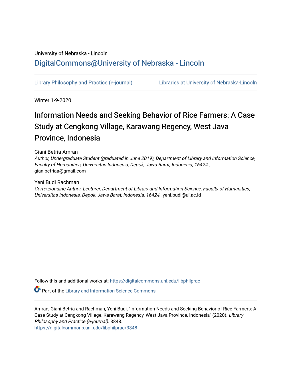 Information Needs and Seeking Behavior of Rice Farmers: a Case Study at Cengkong Village, Karawang Regency, West Java Province, Indonesia