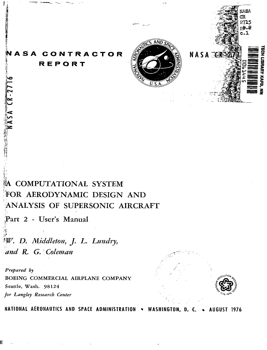 F ! COMPUTATIONAL SYSTEM $OR AERODYNAMIC DESIGN and :ANALYSIS of SUPERSONIC AIRCRAFT 1. 'Part 2