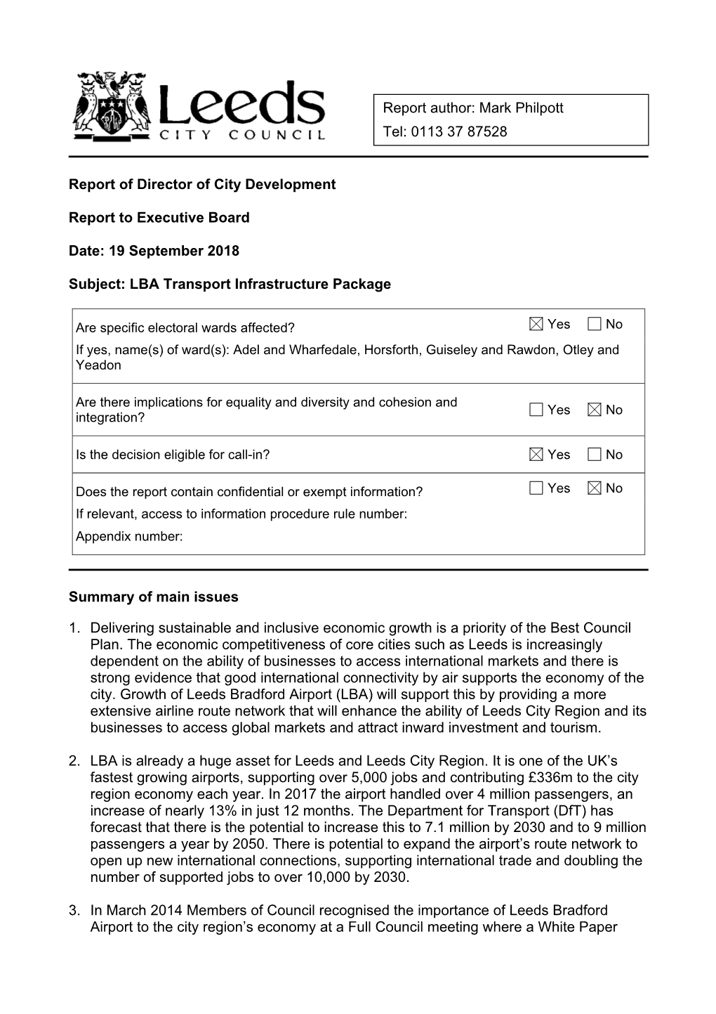 19 September 2018 Subject: LBA Transport Infrastructure Package