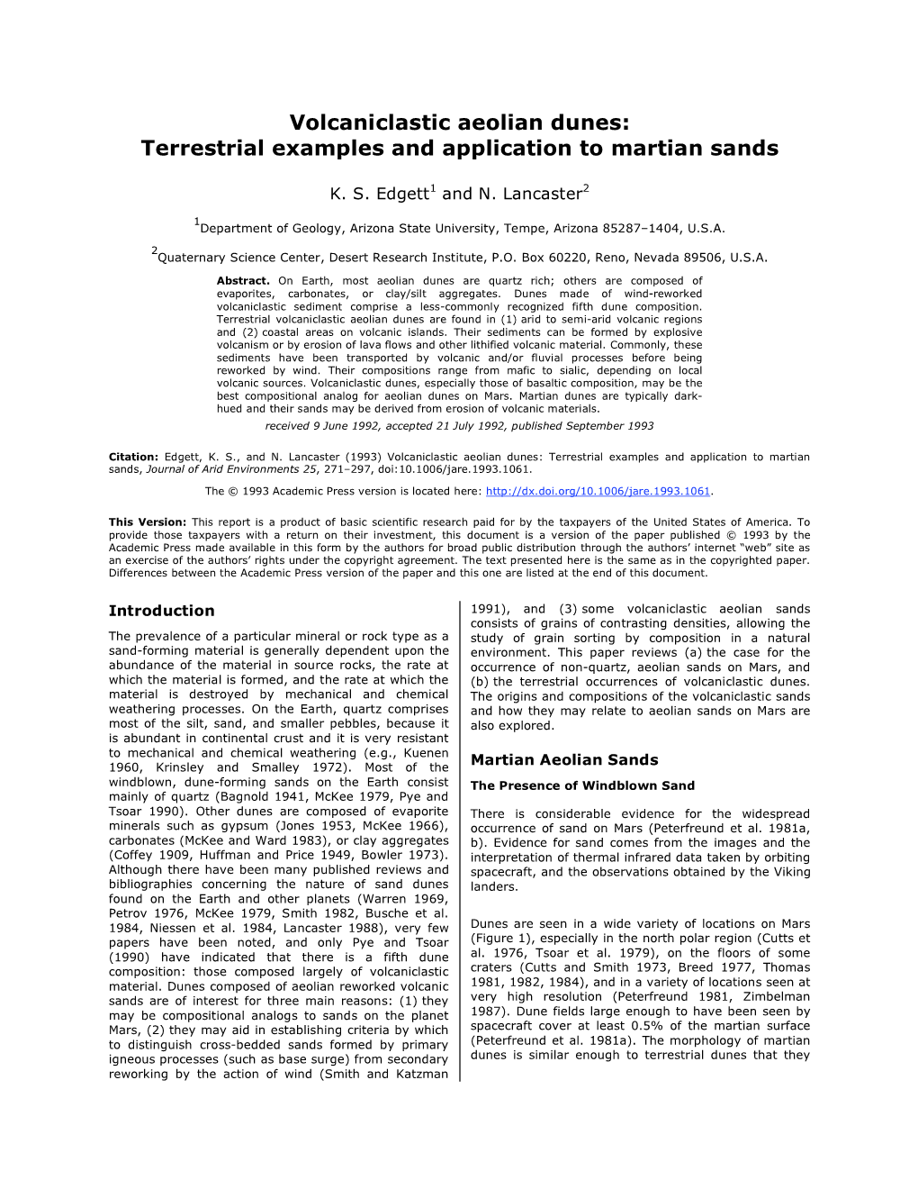 Volcaniclastic Aeolian Dunes: Terrestrial Examples and Application to Martian Sands