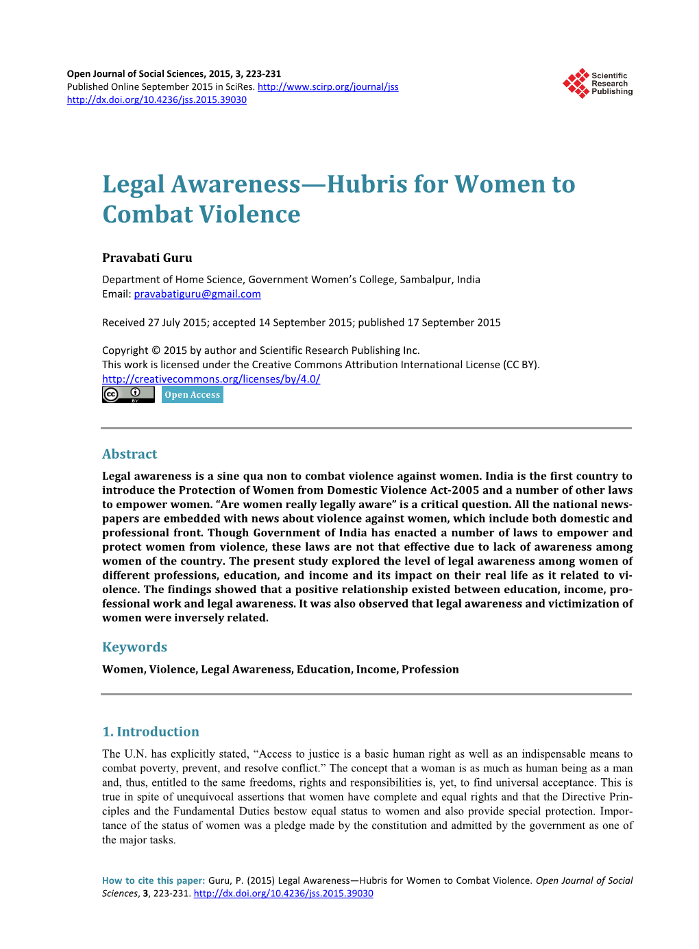 Legal Awareness—Hubris for Women to Combat Violence