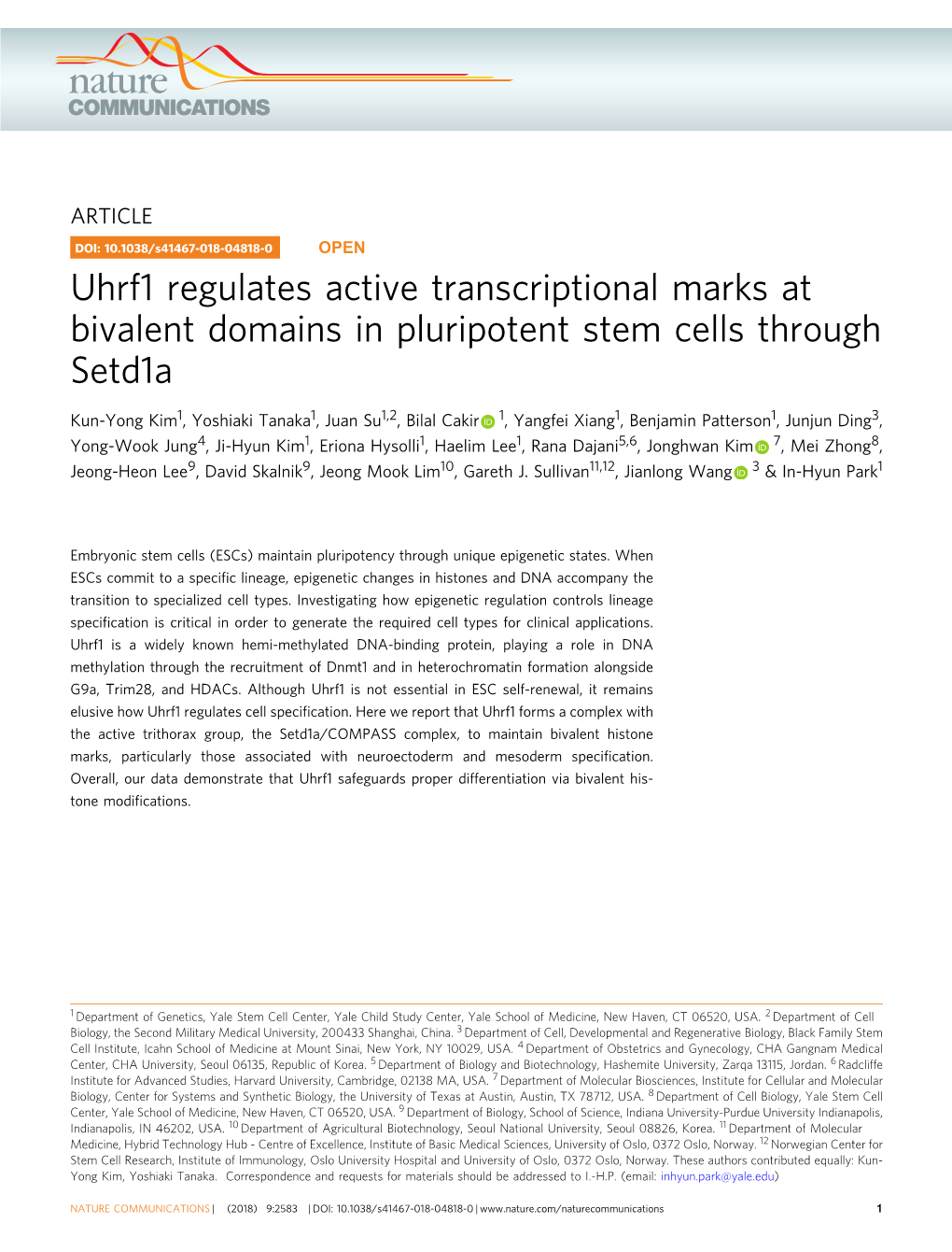 Uhrf1 Regulates Active Transcriptional Marks at Bivalent Domains in Pluripotent Stem Cells Through Setd1a