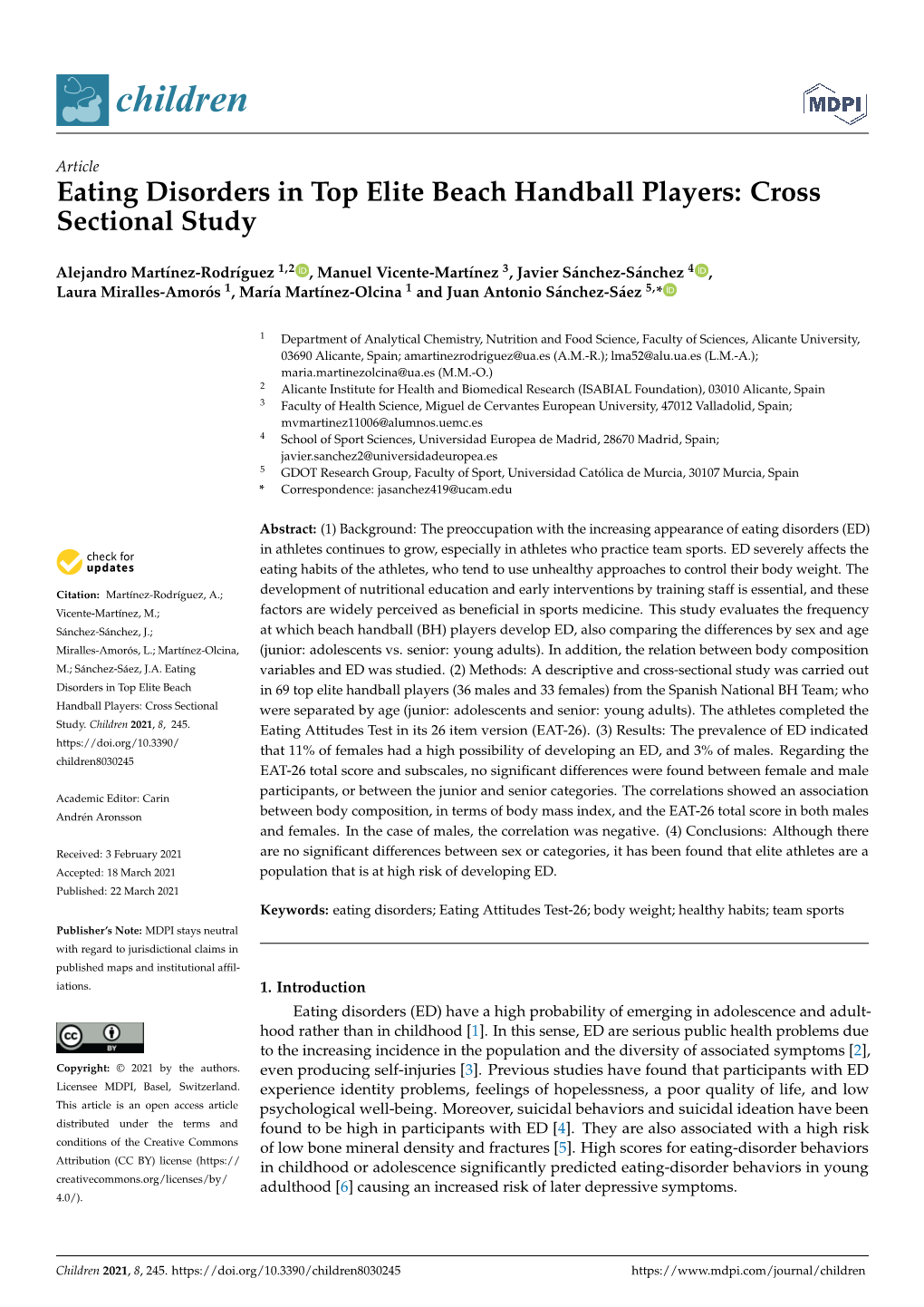 Eating Disorders in Top Elite Beach Handball Players: Cross Sectional Study