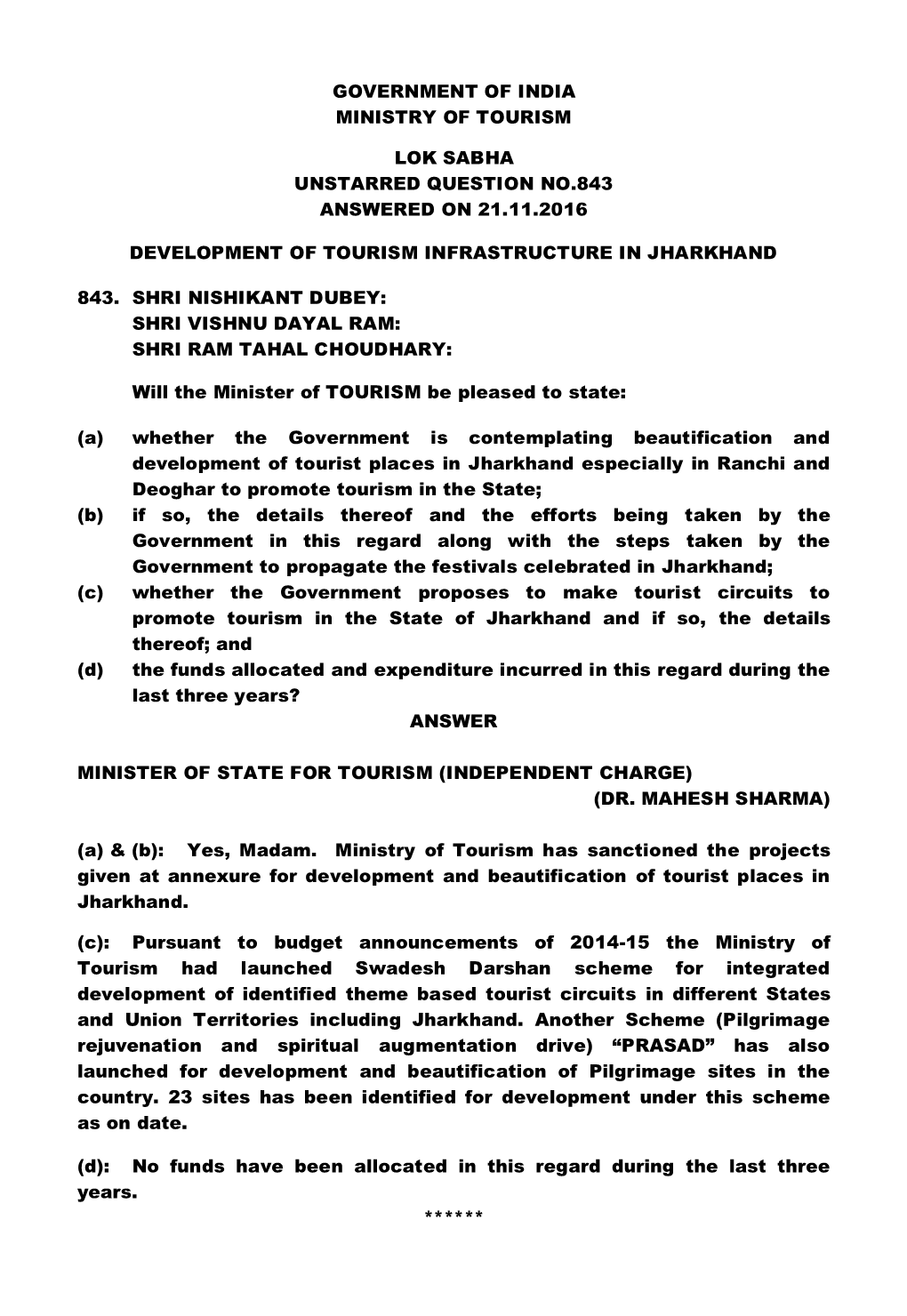 Government of India Ministry of Tourism Lok Sabha