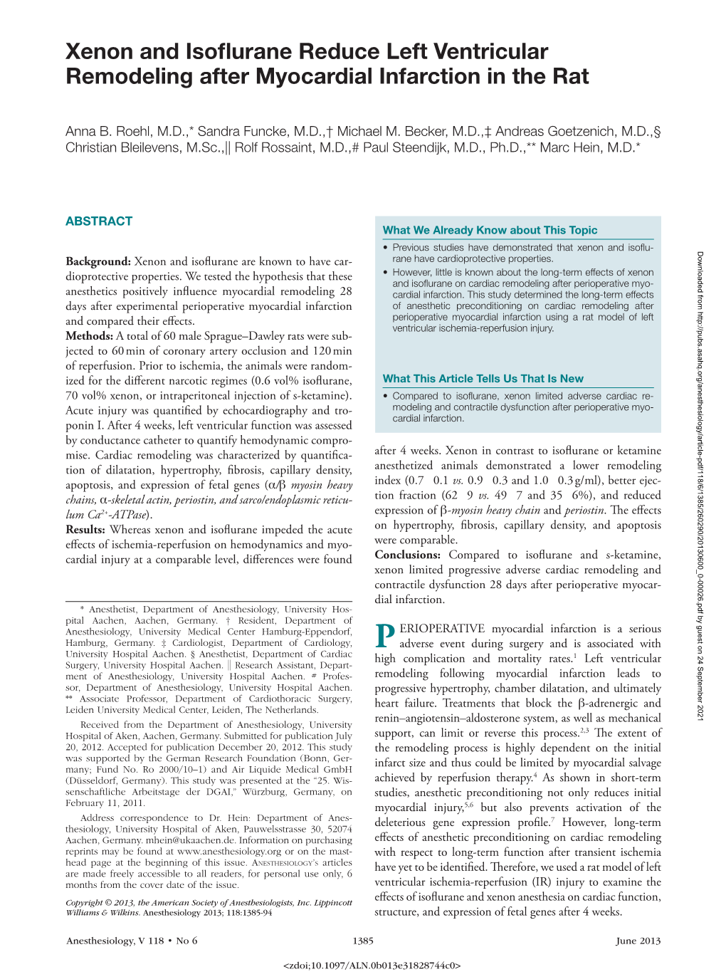 Xenon and Isoflurane Reduce Left Ventricular Remodeling After Myocardial Infarction in the Rat