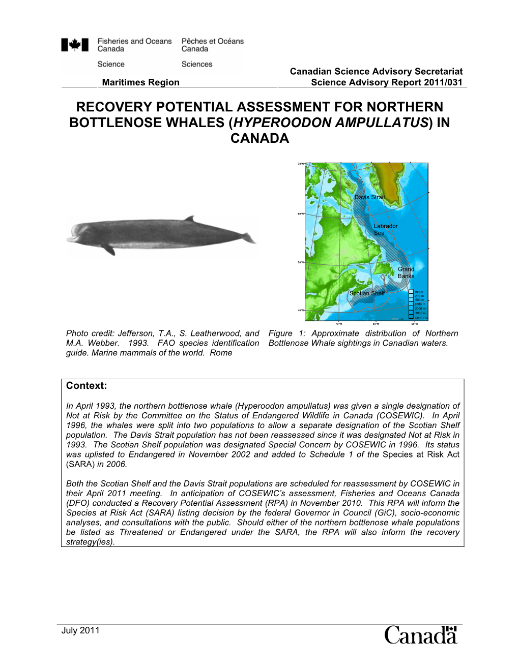 Recovery Potential Assessment for Northern Bottlenose Whales (Hyperoodon Ampullatus) in Canada