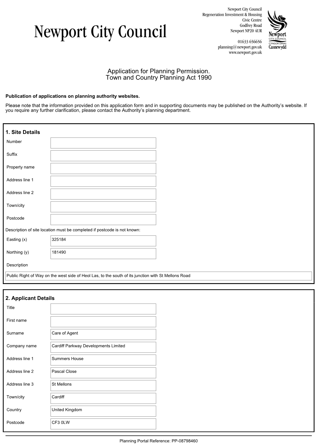 Application for Planning Permission. Town and Country Planning Act 1990