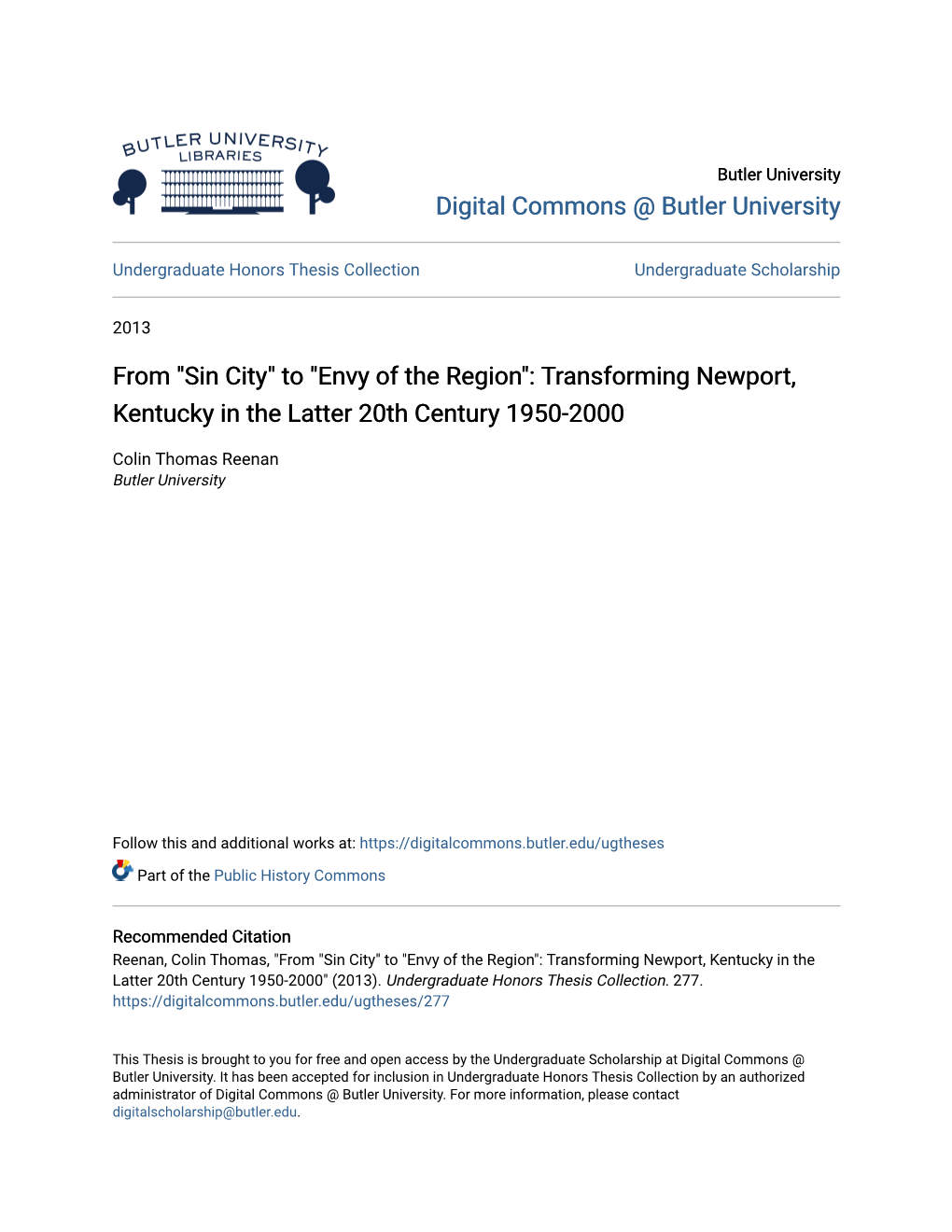 To "Envy of the Region": Transforming Newport, Kentucky in the Latter 20Th Century 1950-2000