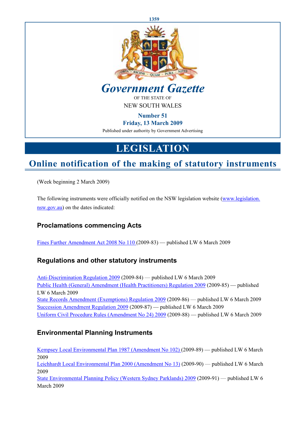 Government Gazette of the STATE of NEW SOUTH WALES Number 51 Friday, 13 March 2009 Published Under Authority by Government Advertising