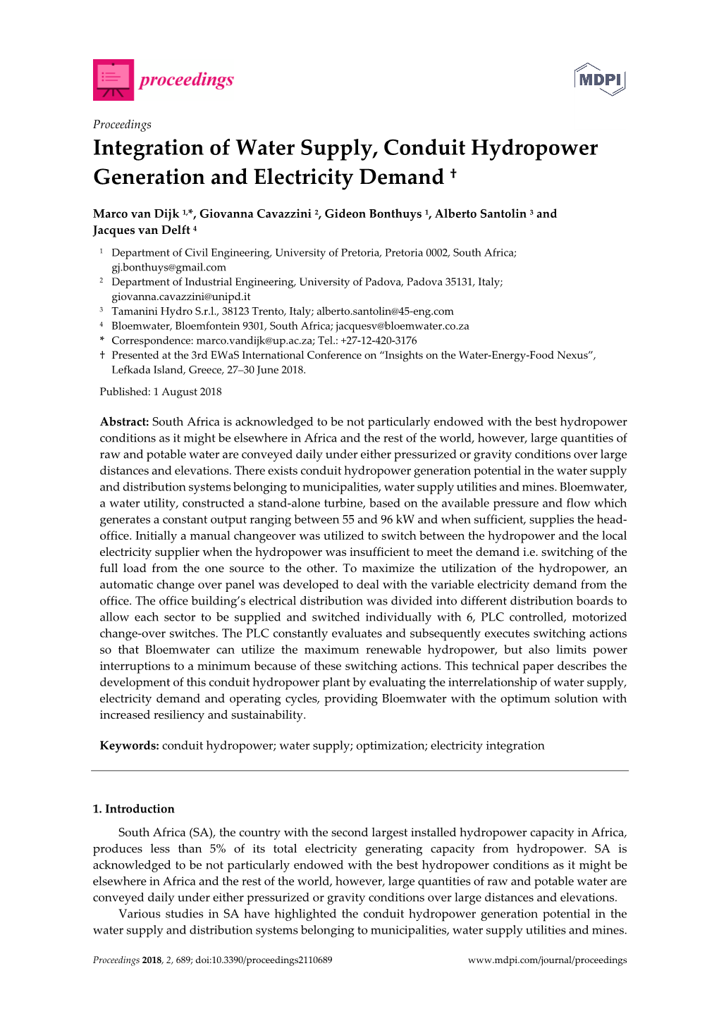 Integration of Water Supply, Conduit Hydropower Generation and Electricity Demand †