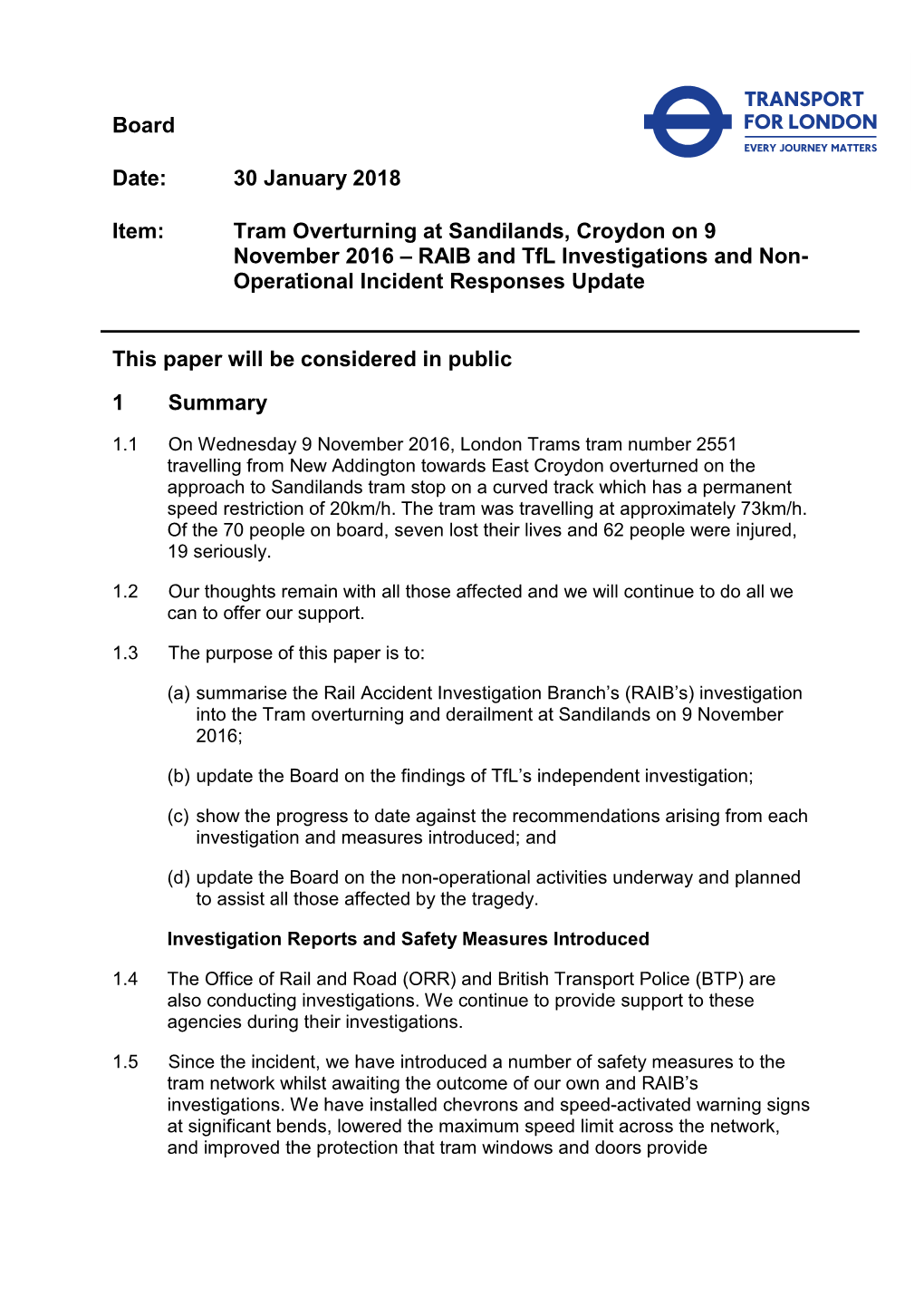Tram Overturning at Sandilands, Croydon on 9 November 2016 – RAIB and Tfl Investigations and Non- Operational Incident Responses Update