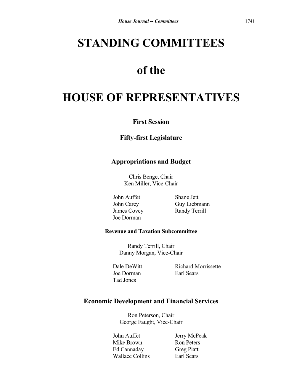 STANDING COMMITTEES of the HOUSE of REPRESENTATIVES