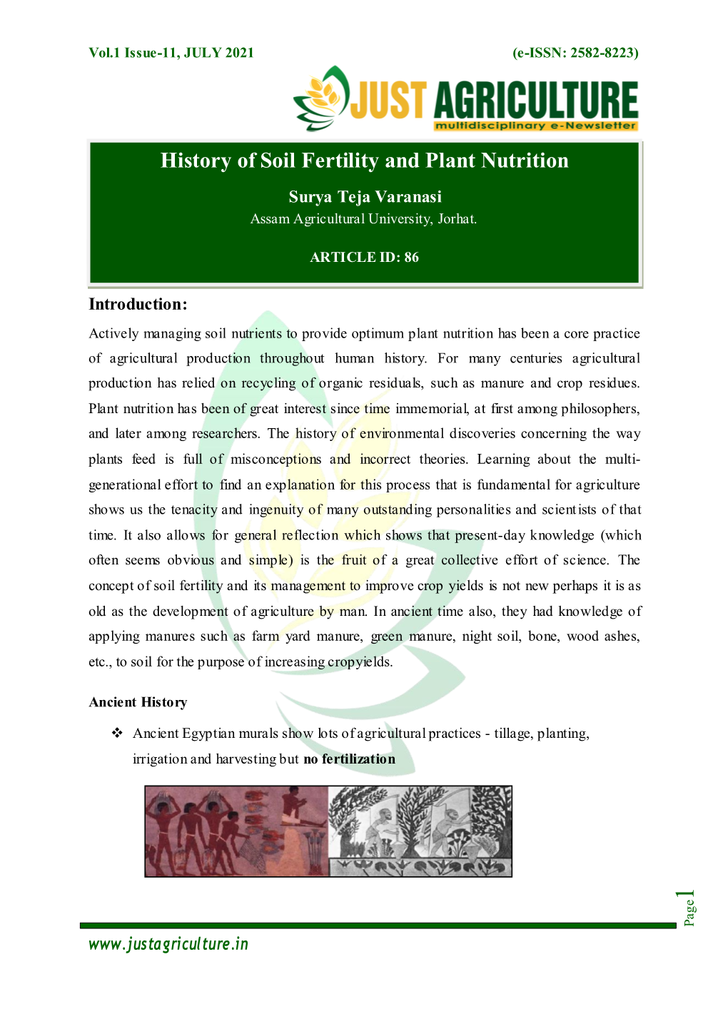 History of Soil Fertility and Plant Nutrition Surya Teja Varanasi Assam Agricultural University, Jorhat