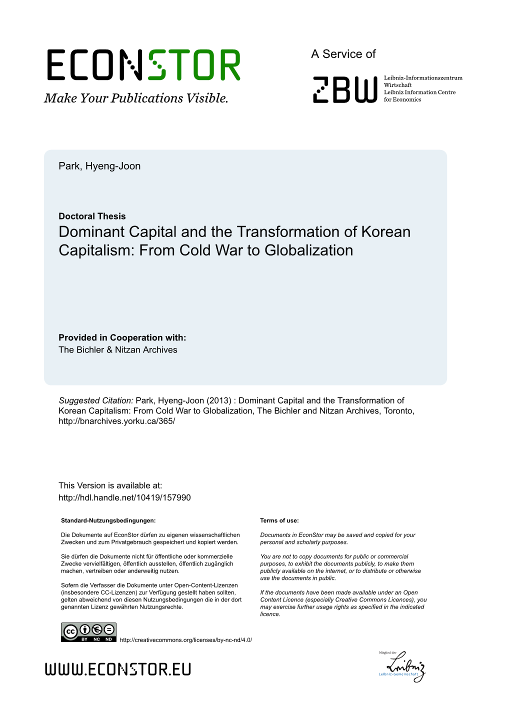 Dominant Capital and the Transformation of Korean Capitalism: from Cold War to Globalization