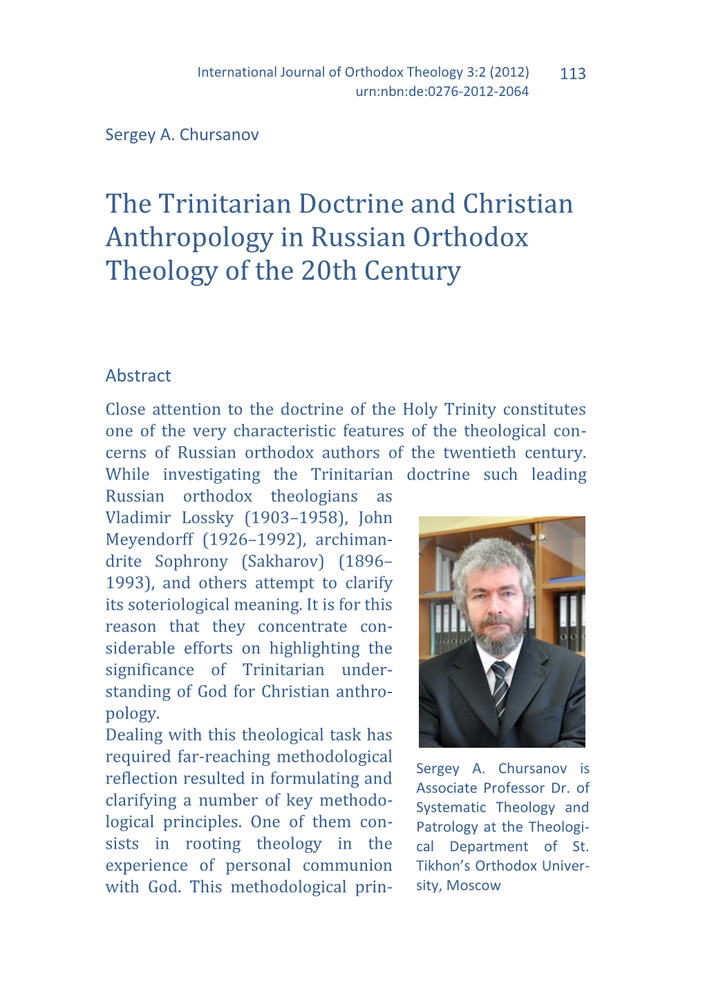 The Trinitarian Doctrine and Christian Anthropology in Russian Orthodox Theology of the 20Th Century