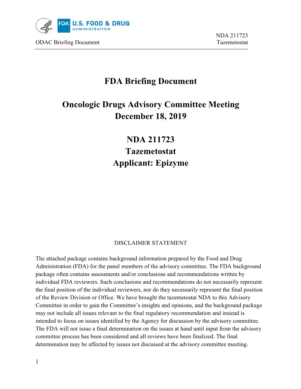 FDA Briefing Document Oncologic Drugs Advisory Committee Meeting