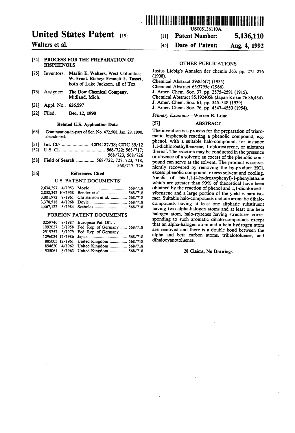 IIIHIII||||| USOO51361.10A United States Patent (19) 11) Patent Number: 5,136,110 Walters Et Al