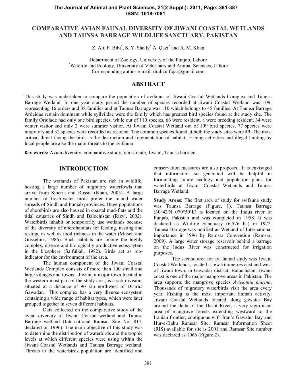 Comparative Avian Faunal Diversity of Jiwani Coastal Wetlands and Taunsa Barrage Wildlife Sanctuary, Pakistan Abstract Introduct