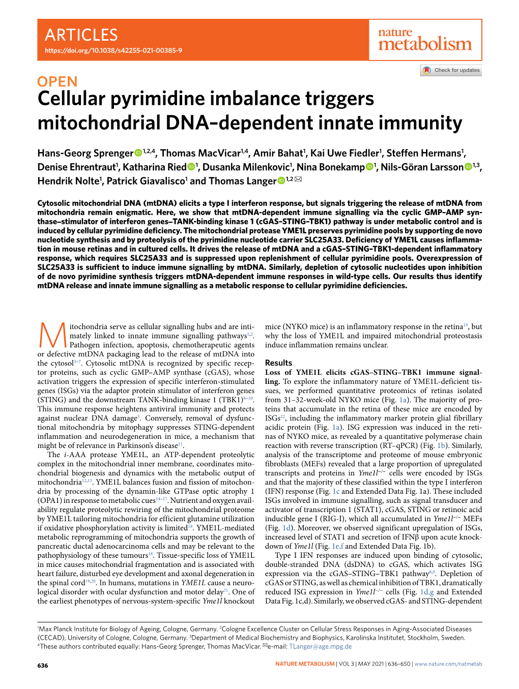 Cellular Pyrimidine Imbalance Triggers Mitochondrial DNA–Dependent Innate Immunity