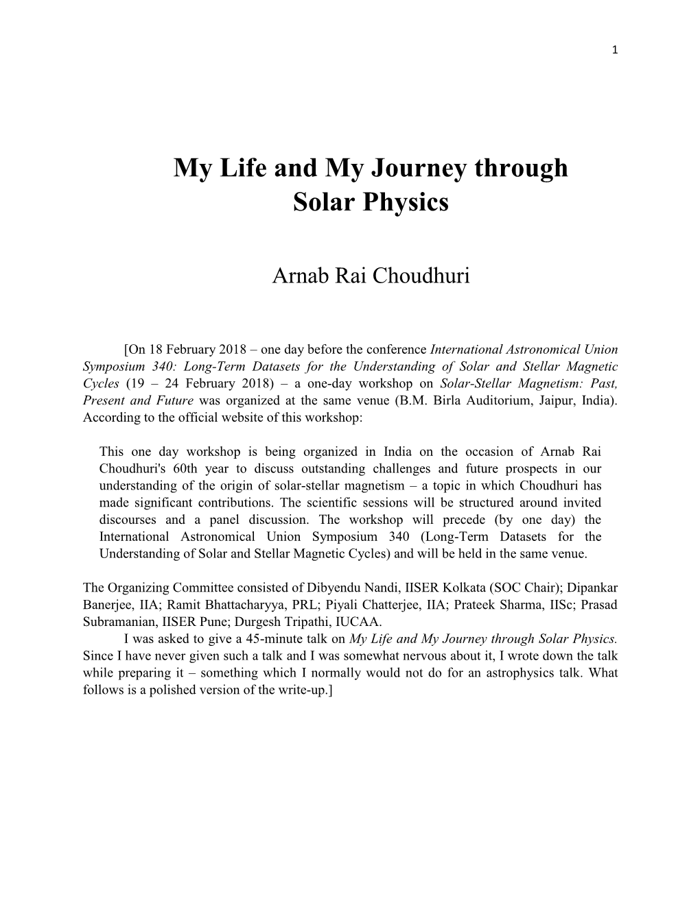 My Life and My Journey Through Solar Physics