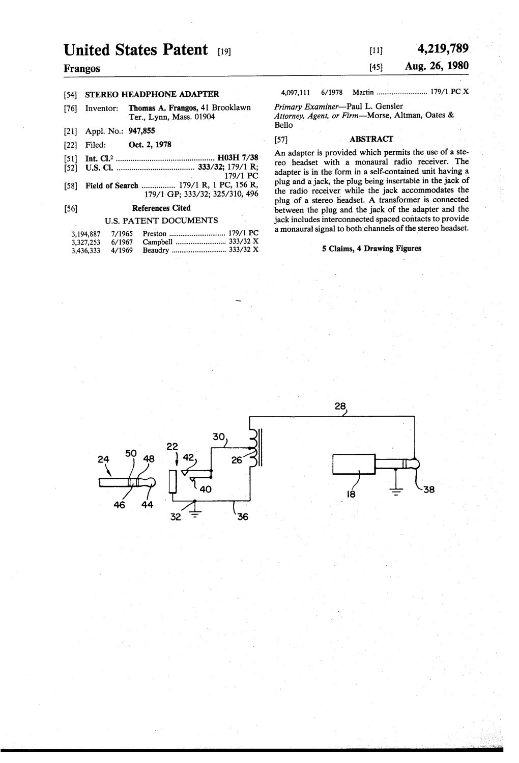 United States Patent (19. (11) 4,219,789 Frangos 45 Aug