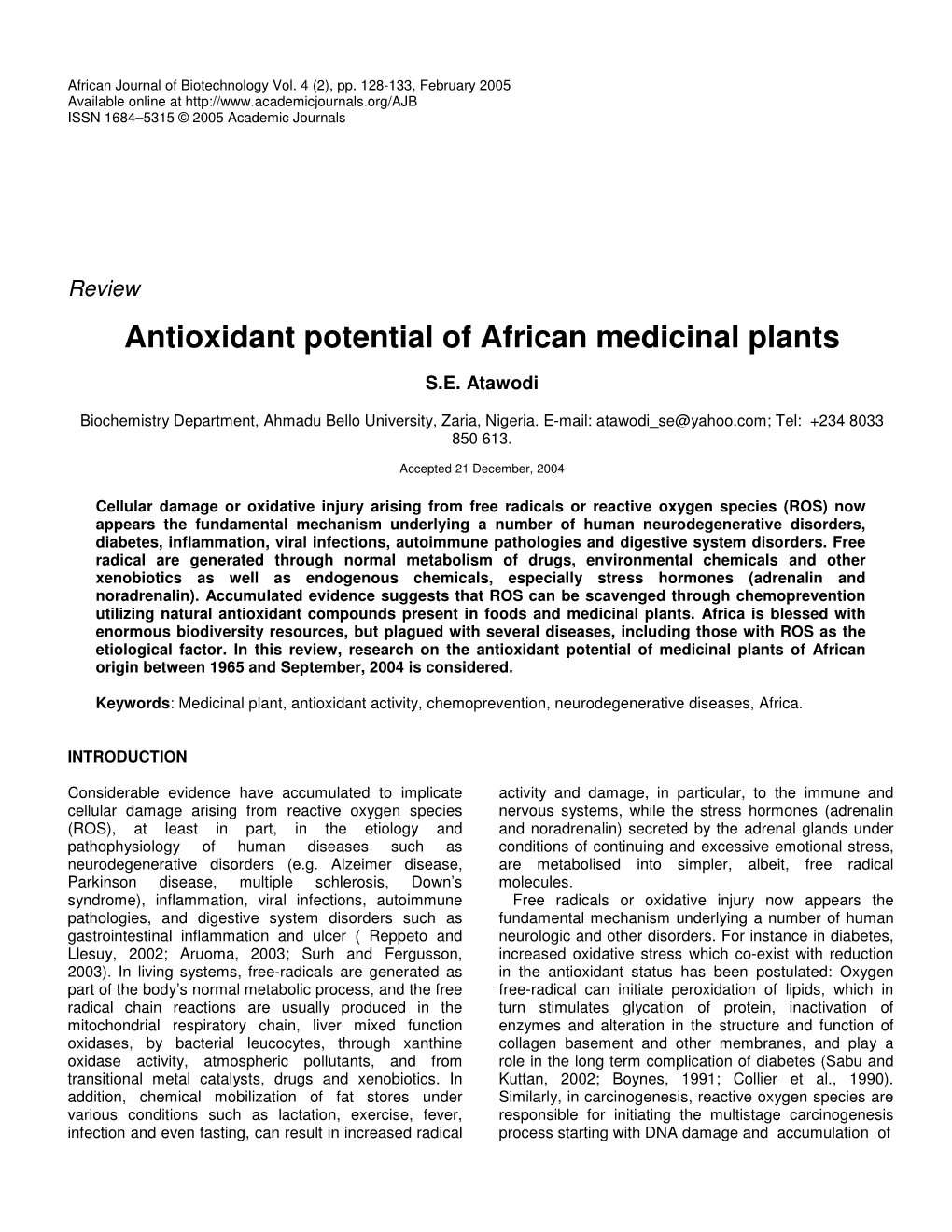 Antioxidant Potential of African Medicinal Plants