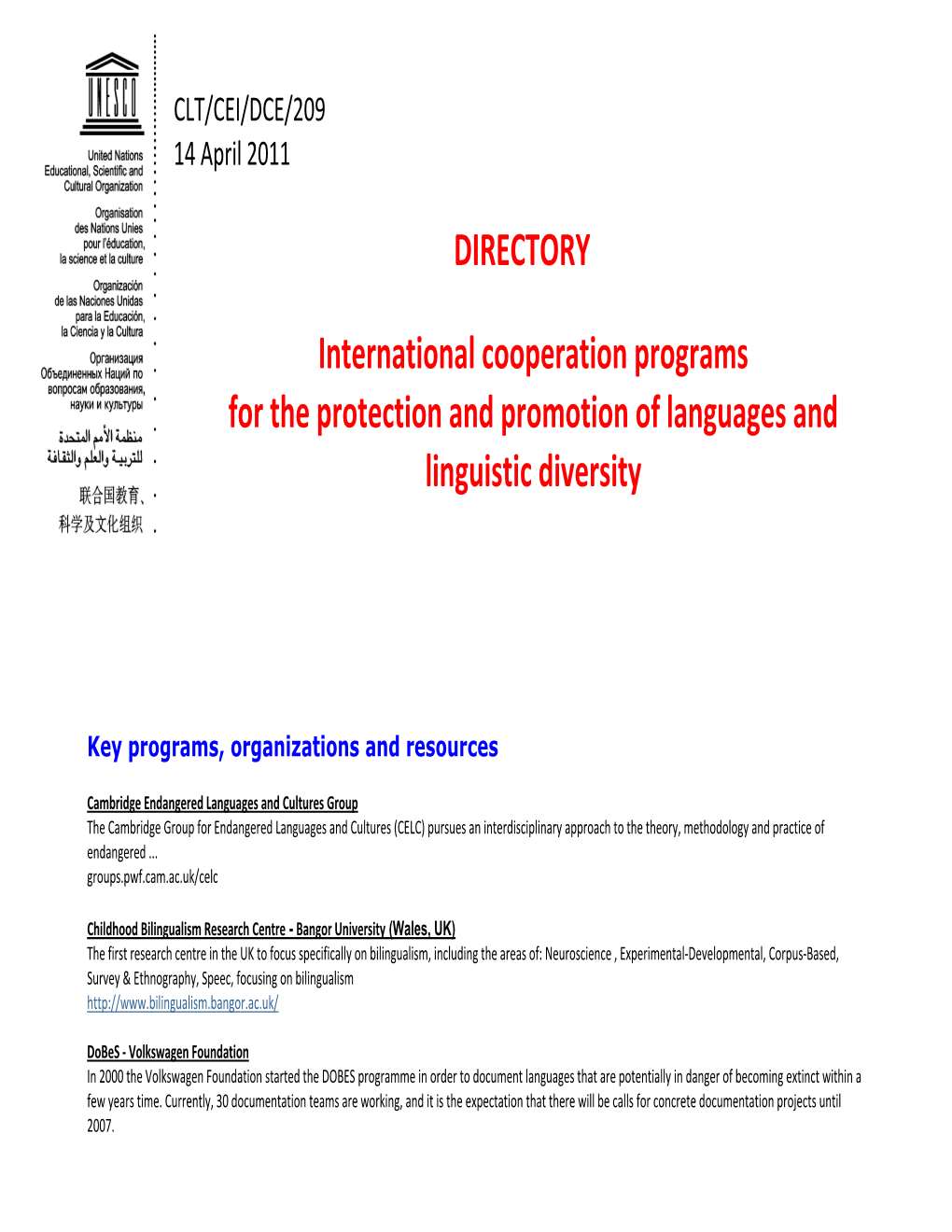 International Cooperation Programs for the Protection and Promotion of Languages and Linguistic Diversity