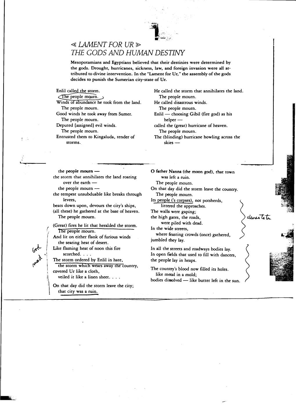 Lament for UR ~ 1.- the GODSAND HUMAN DESTINY Mesopotamians and Egyptians Believed That Their Destinies Were Determined by the Gods