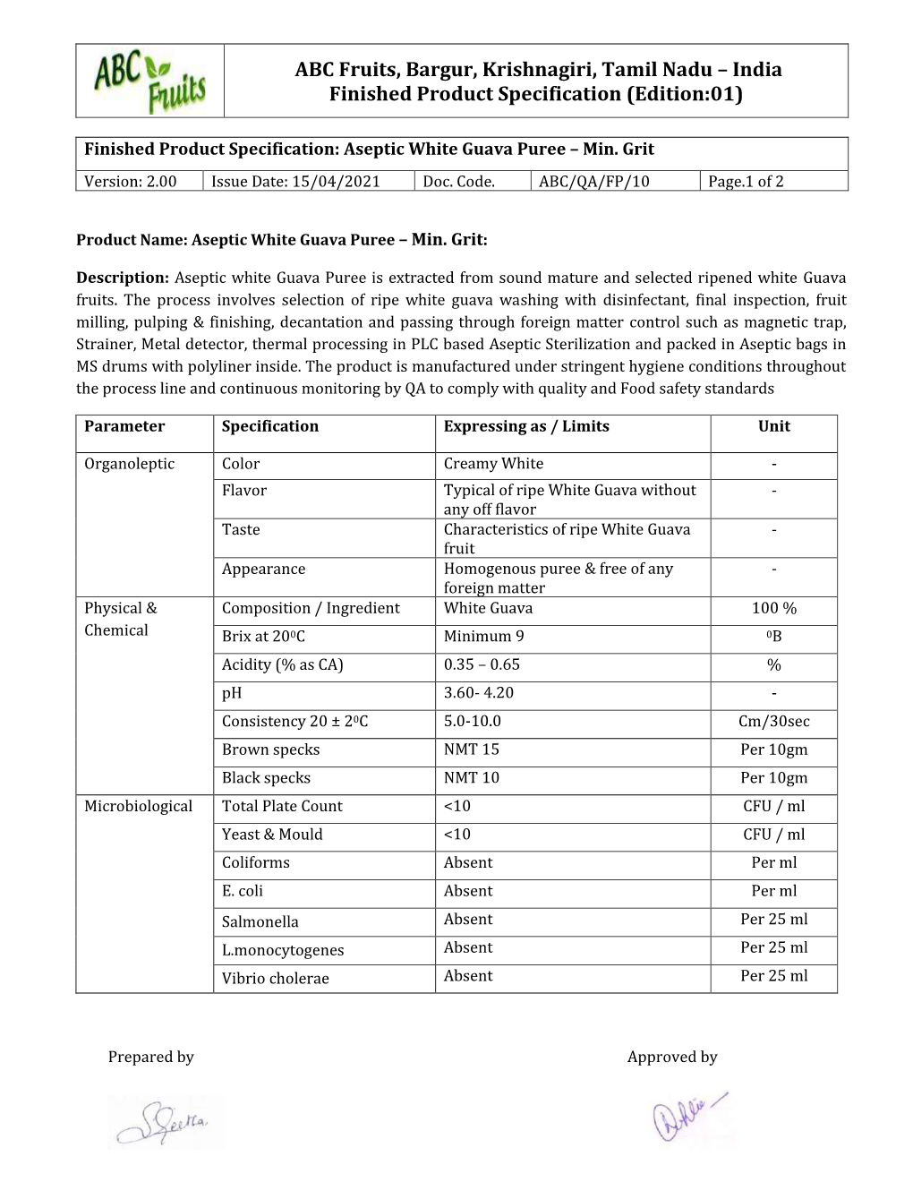 ABC Fruits, Bargur, Krishnagiri, Tamil Nadu – India Finished Product Specification (Edition:01)