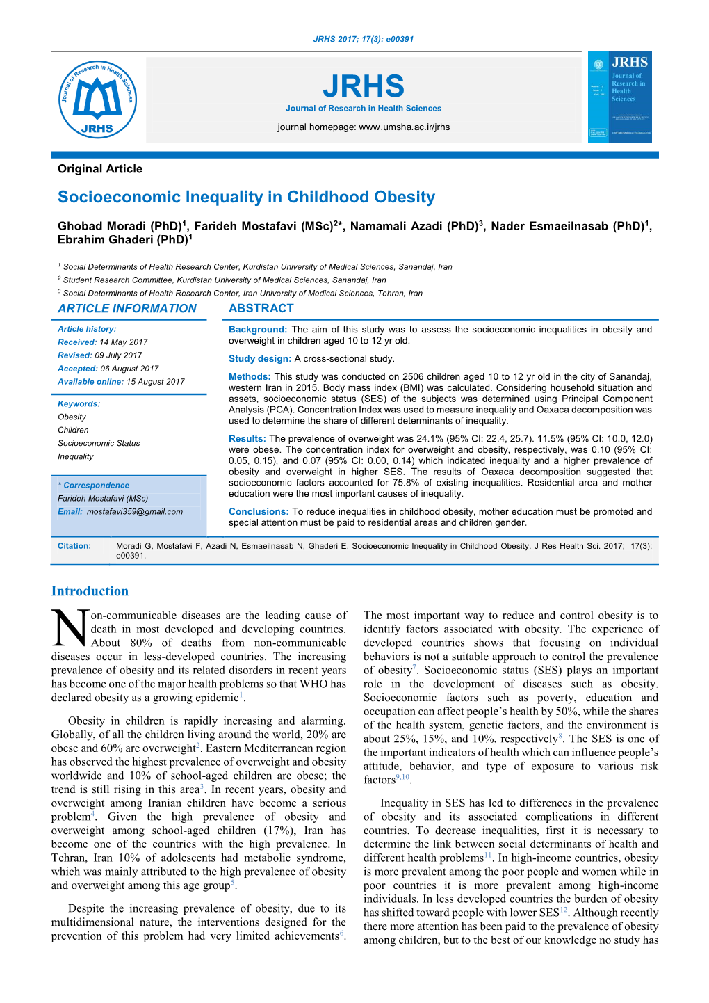 Socioeconomic Inequality in Childhood Obesity