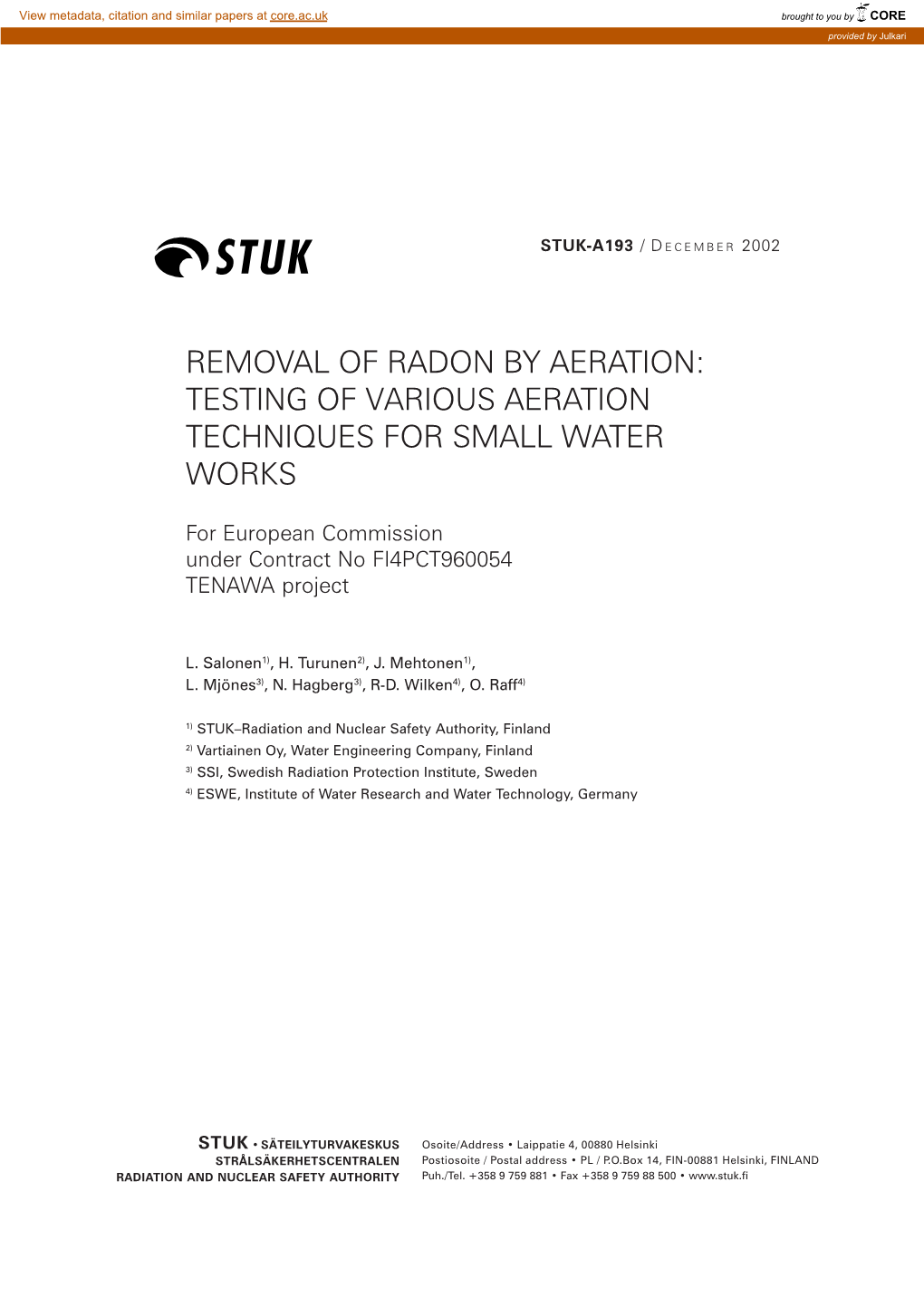 Removal of Radon by Aeration: Testing of Various Aeration Techniques for Small Water Works