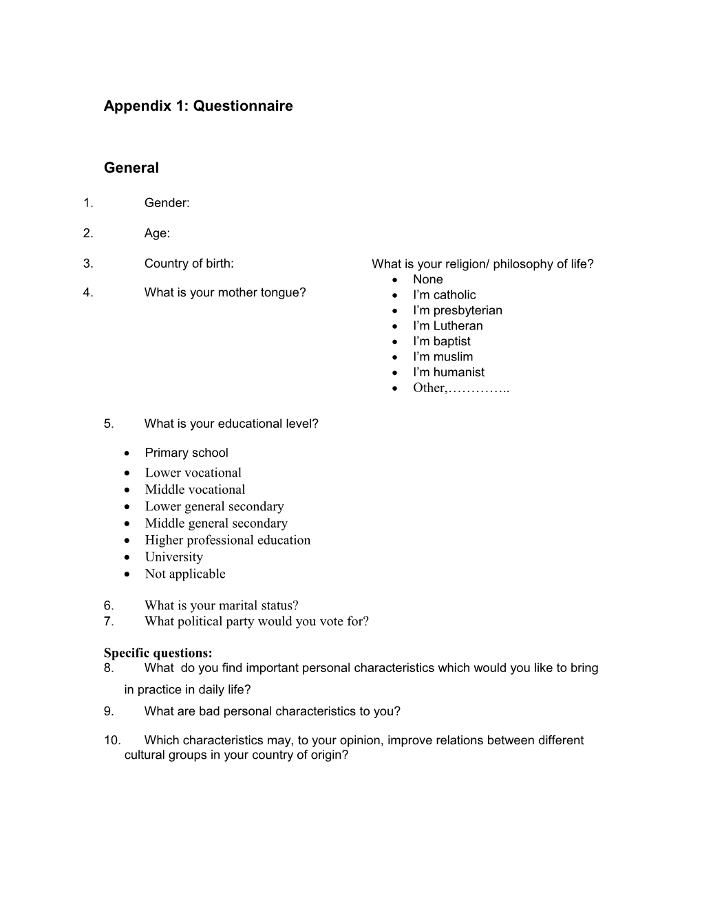 Appendix 1: Questionnaire