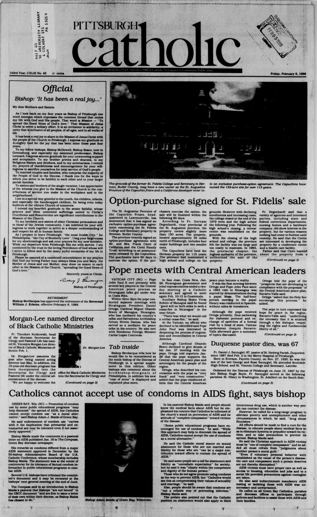PITTSBURGH Option-Purchase Signed for St. Fidelis' Sale Pope