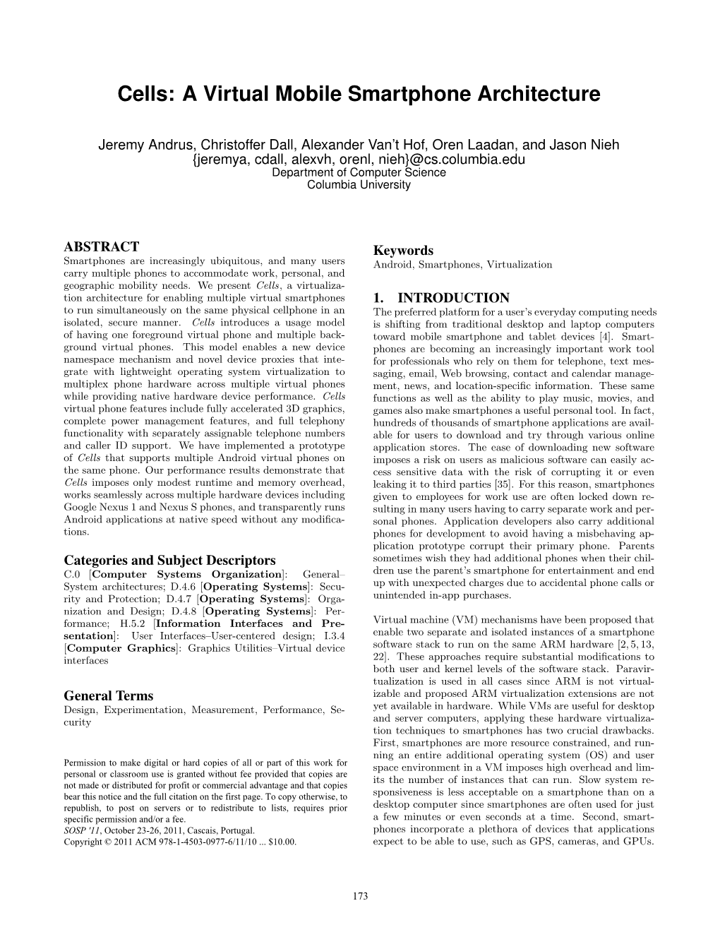 Cells: a Virtual Mobile Smartphone Architecture