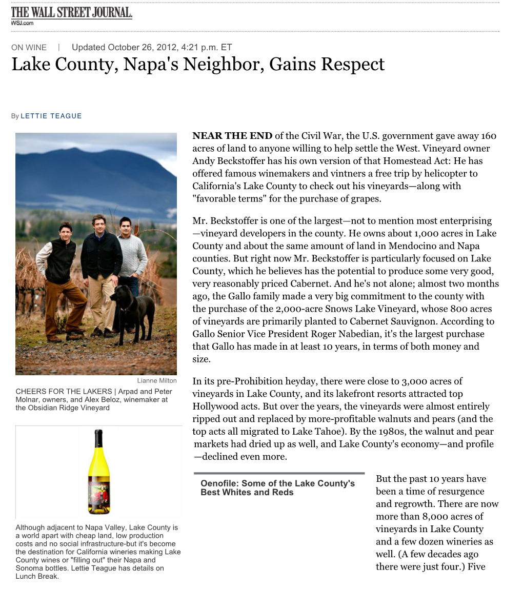 Lake County, Napa's Neighbor, Gains Respect