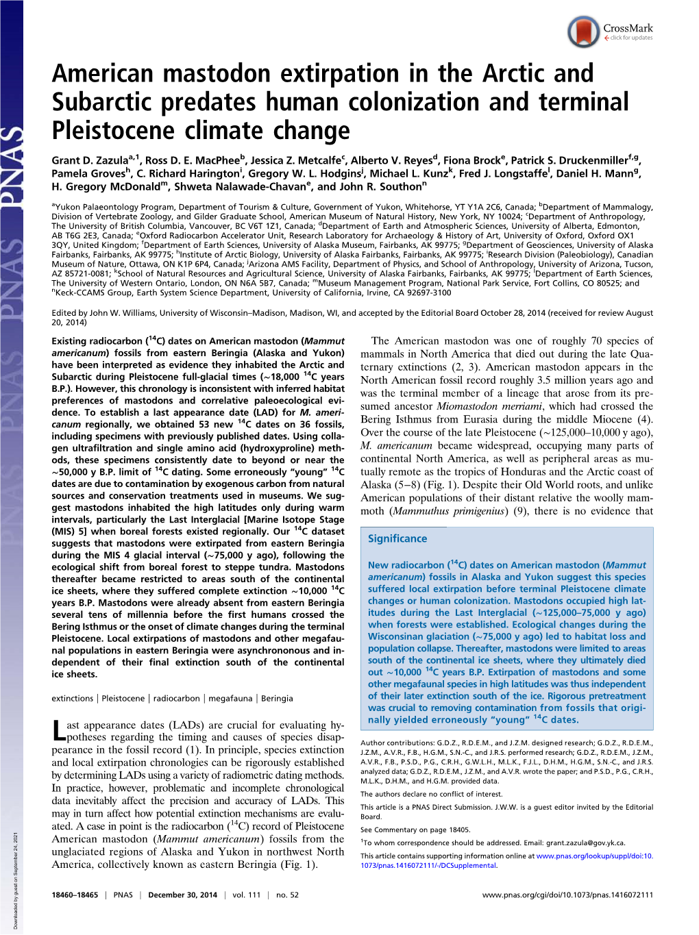 American Mastodon Extirpation in the Arctic and Subarctic Predates Human Colonization and Terminal Pleistocene Climate Change