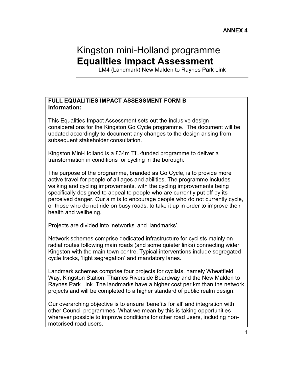 Kingston Mini-Holland Programme Equalities Impact Assessment LM4 (Landmark) New Malden to Raynes Park Link