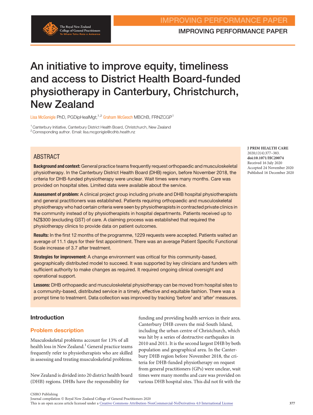 An Initiative to Improve Equity, Timeliness and Access to District Health Board-Funded Physiotherapy in Canterbury, Christchurch, New Zealand