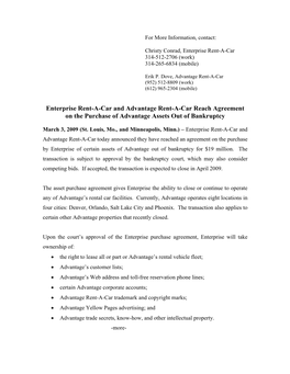 March 03 2009 03 Press Release Enterprise Rent-A-Car and Advantage Rent-A-Car Reach